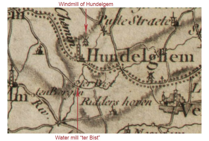 Mention of the water mill ter Bist and of the windmill in Hundelgem on the Map of L. A. Dupuis (1777)