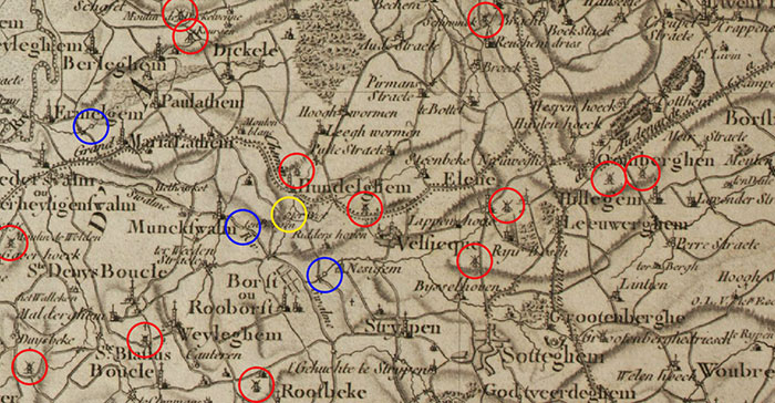 Water mills and windmills in the vecinity of the mill ter Bist on the Map of L. A. Dupuis (1777)
