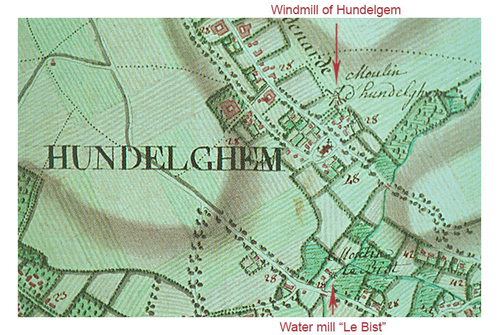 Mention of the water mill Moulin Le Bist and of the windmill in Hundelgem on the Cabinet Map of the Austrian Netherlands and the Principality of Li�ge (Carte de Cabinet des Pays-Bas autrichiens et de la Principaut� de Li�ge) (1777)
