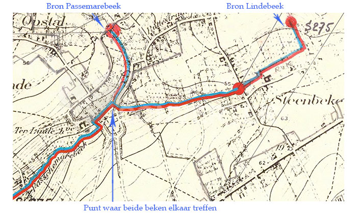 The Passemarebeek and the Lindebeek on the cadastral map of Velzeke from 1967