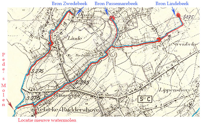 Pede's Mill and the possible location of the new water mill on the cadastral map of Velzeke from 1967