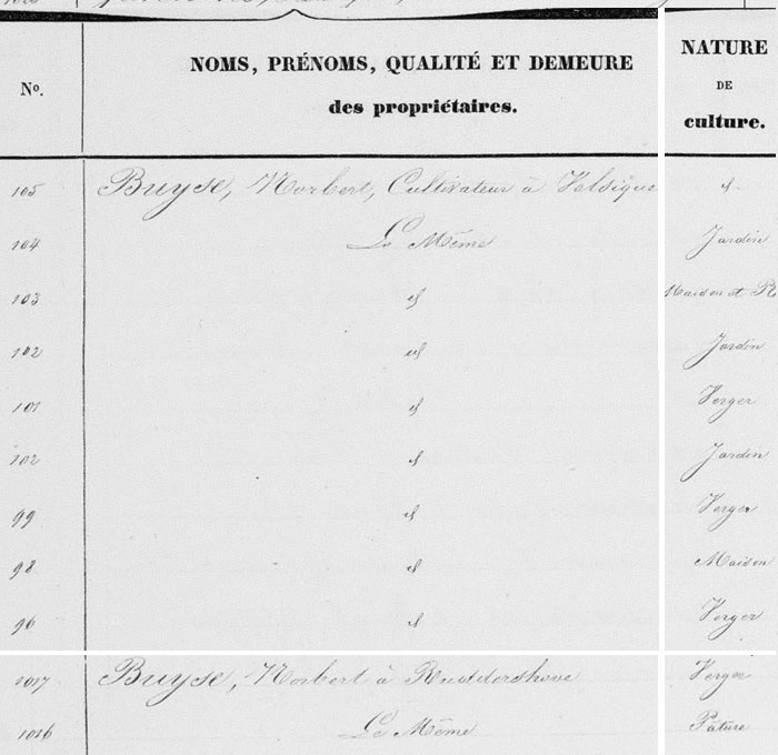 Extract from the table that accompanies the Popp map of Velzeke
