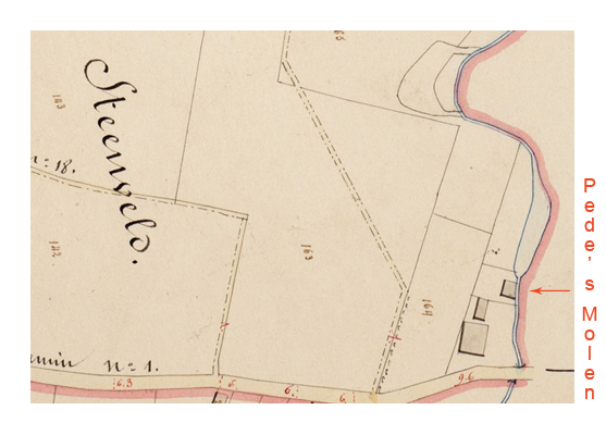 Pede's Mill, situated in the district Steenveld (literally Stone Field), Atlas der Buurtwegen (Atlas of the Byroads) (1844)